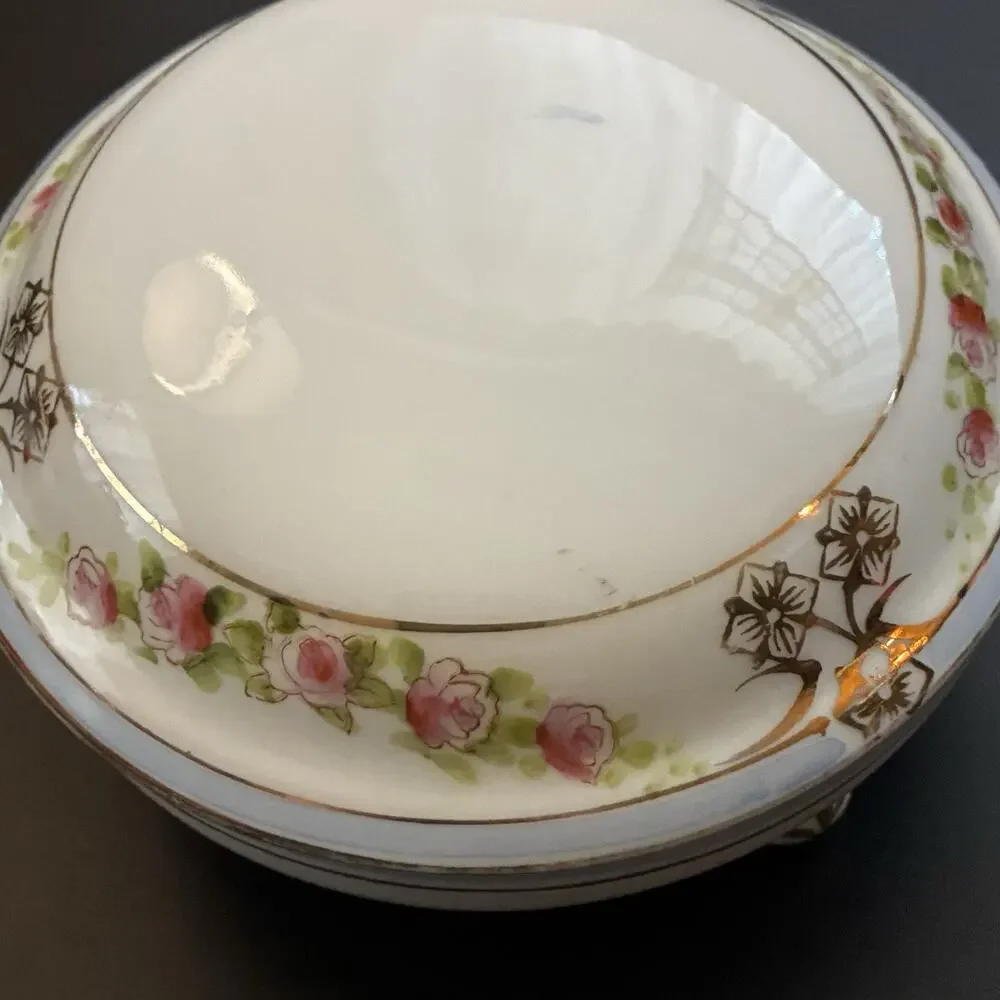 Antique Nippon Footed Covered Dish Hand Painted Roses Rising Sun Mark Japan